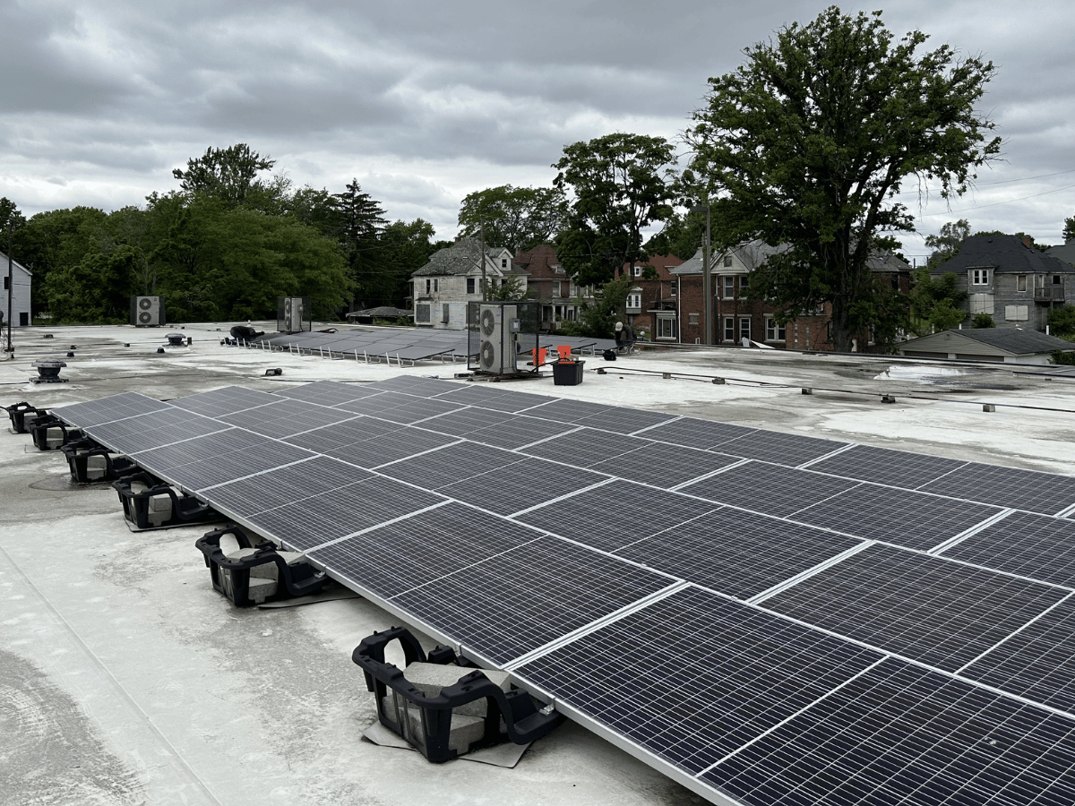 Roof mounted solar panels on a school building